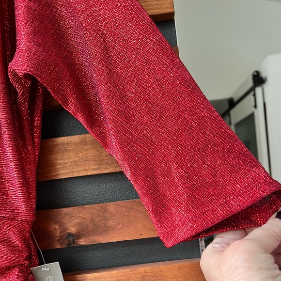 Eva Mendes Red Metallic Ruched Crossover V-Neck Midi Dress Size XL - Picture 6 of 16